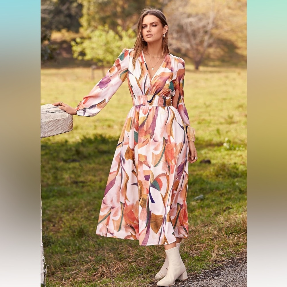Floral Watercolor Print Midi Dress - Pink Multi